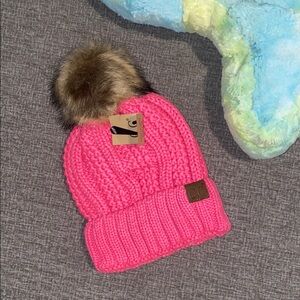 C.C Kids Bright Pink Beanie with Faux Fur Pom